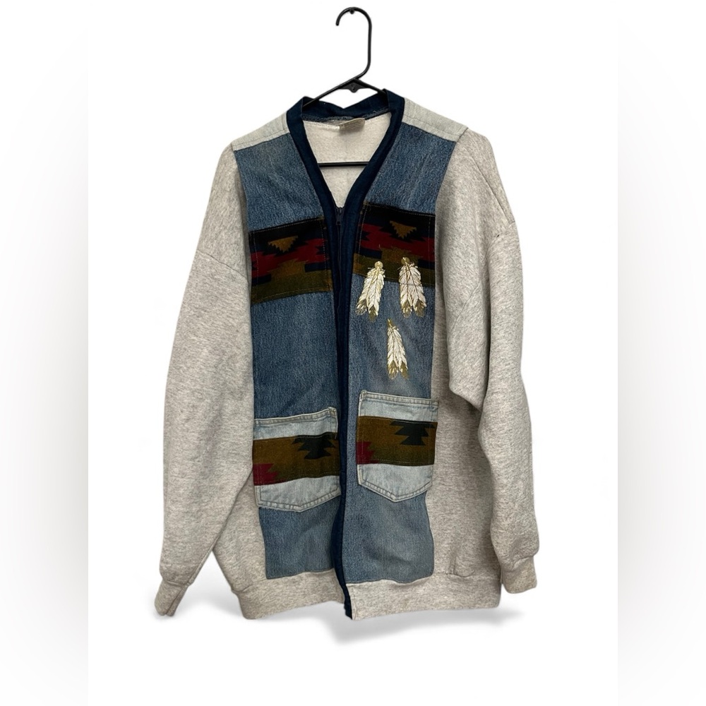 Vintage 90s‎ Tultex Patchwork Southwestern Cardigan Sweatshirt 2X